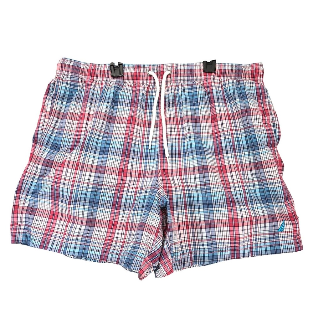 Nautica Blue Red Plaid Sailfish Swim Trunks Mens XL Mesh Lined Preppy Coastal